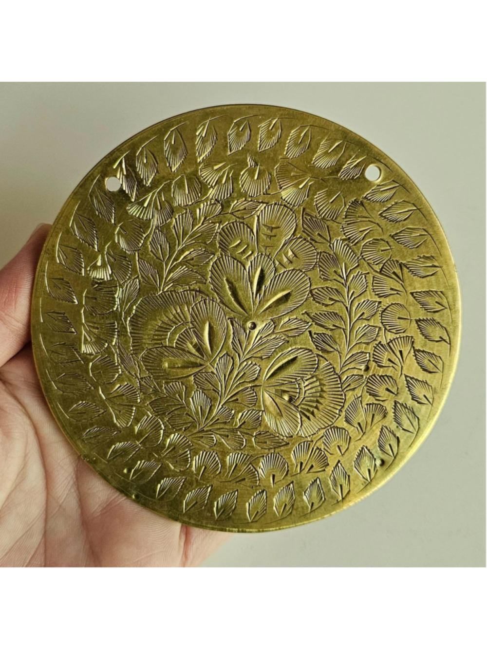 Vintage Etched Brass Wall Plaque Medallion 4" Floral Leaf Design